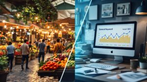 Geteiltes Bild: Auf der linken Seite ist ein geschäftiger Markt im Freien mit frischen Produkten und flanierenden Menschen zu sehen. Auf der rechten Seite ist ein moderner Schreibtisch mit einem Computerbildschirm zu sehen, auf dem ein Diagramm mit einem Vergleich der allgemeinen Keyword- und lokalen SEO-Leistung zu sehen ist.