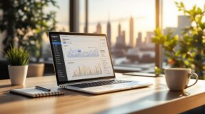 Auf einem Holzschreibtisch zeigt ein Laptop Diagramme und Datenanalysen an. Daneben stehen ein Notizbuch, ein Stift und eine Kaffeetasse. Sonnenlicht fällt durch große Fenster und erhellt den Raum mit Blick auf die Wolkenkratzer der Stadt und die grünen Pflanzen im Hintergrund.