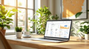Auf einem Holzschreibtisch steht ein geöffneter Laptop mit Diagrammen und Analysen. Der Raum ist hell, das Tageslicht strömt durch große Fenster herein. Um den Schreibtisch herum stehen mehrere Topfpflanzen, im Hintergrund hängt eine Karte an der Wand.