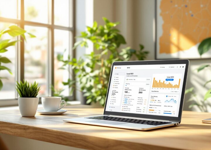 Auf einem Holzschreibtisch steht ein geöffneter Laptop mit Diagrammen und Analysen. Der Raum ist hell, das Tageslicht strömt durch große Fenster herein. Um den Schreibtisch herum stehen mehrere Topfpflanzen, im Hintergrund hängt eine Karte an der Wand.