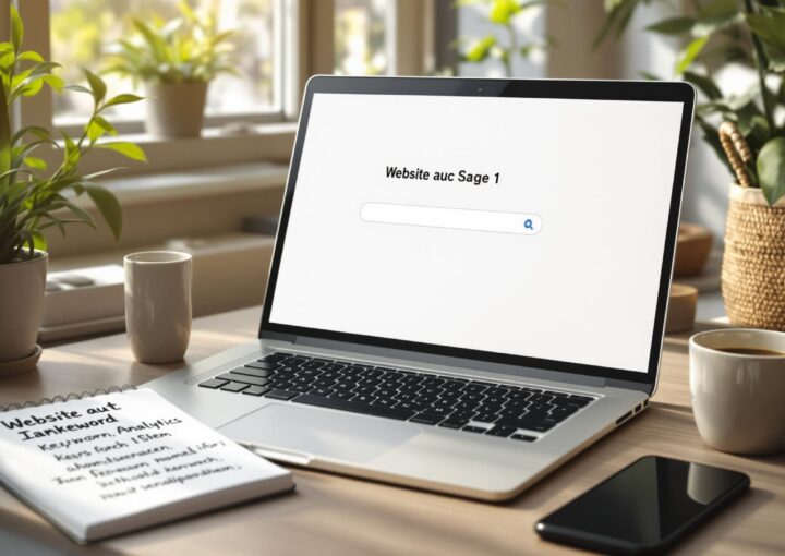 Auf einem Holztisch steht ein offener Laptop, auf dem eine Suchseite angezeigt wird. Daneben liegen ein Smartphone, zwei Kaffeetassen und ein Notizbuch mit handgeschriebenem Text mit dem Titel „Website- und Keyword-Analyse“. Sonnenlicht fällt durch das Fenster und beleuchtet mehrere Topfpflanzen.