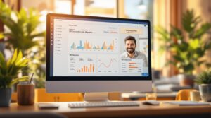 Auf einem Computerbildschirm wird ein farbenfrohes SEO-Analyse-Dashboard mit Diagrammen und Kennzahlen angezeigt. Um den Bildschirm herum sind eine Pflanze und Gegenstände aus dem Homeoffice zu sehen. Sonnenlicht fällt durch ein Fenster herein und schafft eine warme Atmosphäre.