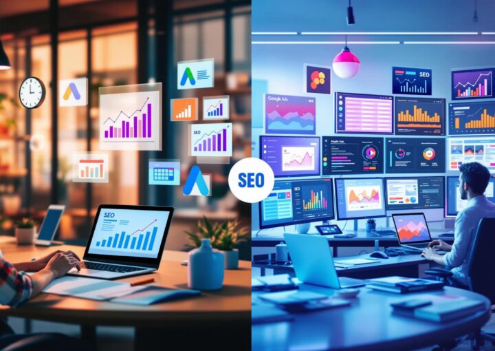 Geteiltes Bild von zwei Personen, die digitale Marketingdaten analysieren. Die linke Person verwendet einen Laptop mit Diagrammen und SEO-Symbolen, die in einem Büro schweben. Die rechte Person arbeitet in einem Technikraum mit mehreren Bildschirmen, auf denen Analysen und Grafiken angezeigt werden.