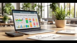 Auf einem Tisch steht ein Laptop mit bunten Balkendiagrammen und Grafiken mit der Aufschrift „Online-Marketing-Budget“. Daneben stehen ein Taschenrechner, ein Notizbuch mit der Aufschrift „ROI-Berechnungen“ und eine Topfpflanze. Der Raum hat große Fenster und im Hintergrund mehrere Pflanzen.