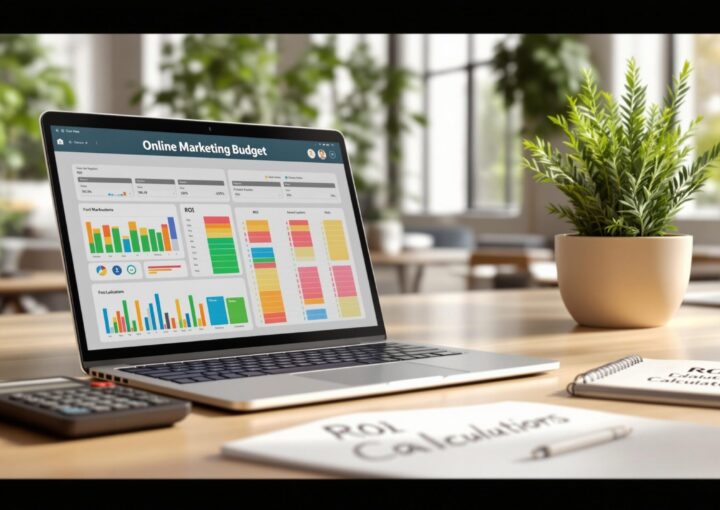 Auf einem Tisch steht ein Laptop mit bunten Balkendiagrammen und Grafiken mit der Aufschrift „Online-Marketing-Budget“. Daneben stehen ein Taschenrechner, ein Notizbuch mit der Aufschrift „ROI-Berechnungen“ und eine Topfpflanze. Der Raum hat große Fenster und im Hintergrund mehrere Pflanzen.