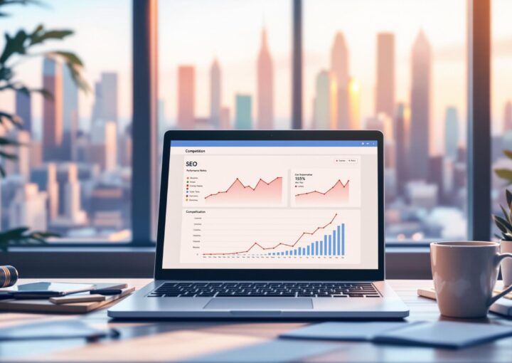 Ein Laptop mit Diagrammen zu SEO-Trends steht auf einem Schreibtisch neben einem großen Fenster mit einer Skyline und Wolkenkratzern im Hintergrund. Auf dem Schreibtisch stehen Pflanzen, ein Notizbuch und Kaffeetassen, und das Sonnenlicht wirft einen warmen Schein auf die Szene.