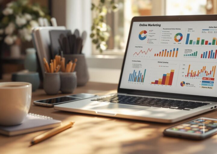 Auf einem Holzschreibtisch zeigt ein Laptop farbenfrohe Grafiken und Diagramme zum Thema Online-Marketing. Auf dem Schreibtisch stehen außerdem eine Kaffeetasse, ein Smartphone und Behälter mit Stiften und Bleistiften. Durch ein Fenster im Hintergrund fällt sanftes Tageslicht.