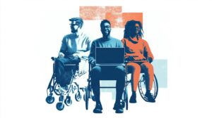 Drei Personen in Rollstühlen stehen nebeneinander und verkörpern Schritte hin zur Inklusion. Die Person in der Mitte hält einen Laptop, alles vor einem Hintergrund aus abstrakten geometrischen Formen in einem blau-orangen Farbschema.