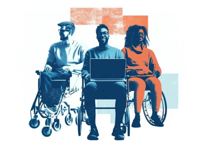 Drei Personen in Rollstühlen stehen nebeneinander und verkörpern Schritte hin zur Inklusion. Die Person in der Mitte hält einen Laptop, alles vor einem Hintergrund aus abstrakten geometrischen Formen in einem blau-orangen Farbschema.