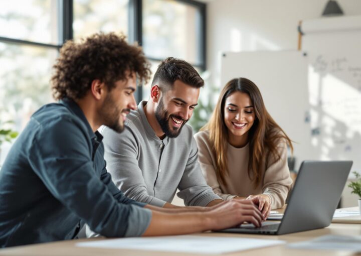 Drei Personen sitzen lächelnd an einem Tisch in einem hellen, modernen Büro und schauen auf einen Laptop. Papiere und Pflanzen liegen auf dem Tisch, im Hintergrund ist ein Whiteboard zu sehen. Die Stimmung ist kollegial und positiv.