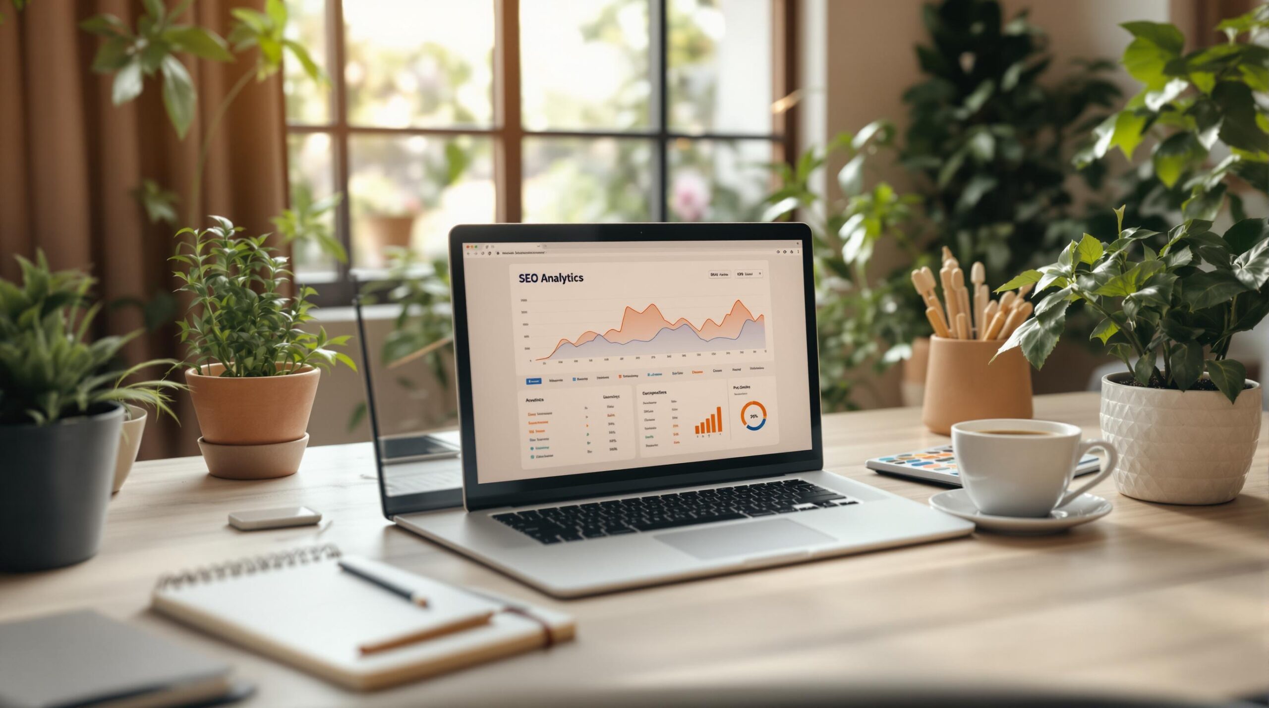 Ein Laptop auf einem Holzschreibtisch zeigt ein SEO-Analyse-Dashboard mit Grafiken und Diagrammen an. Auf dem Schreibtisch stehen ein Notizbuch, ein Stifthalter und eine Tasse. Mehrere Topfpflanzen stehen herum, und große Fenster geben den Blick auf den sonnigen Garten im Hintergrund frei.