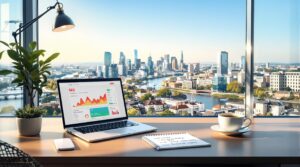 Ein modernes Büro mit einem Laptop, der Analysediagramme und Text anzeigt, einem Notizbuch und einer Tasse Kaffee auf einem Holzschreibtisch. Ein großes Fenster gibt den Blick auf die Skyline einer Stadt mit hohen Gebäuden und einem Fluss unter einem klaren blauen Himmel frei.
