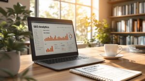 Auf einem Holzschreibtisch steht ein Laptop, auf dem ein SEO-Analyse-Dashboard mit Grafiken und Diagrammen angezeigt wird. Daneben stehen eine Kaffeetasse und ein Dokument mit dem Titel „SEO-Strategie“. Sonnenlicht fällt durch ein großes Fenster herein und erhellt den Raum.