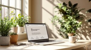 Ein sonnenbeschienener Schreibtisch am Fenster mit Topfpflanzen. Ein Laptop mit Textanzeige steht neben einem Smartphone und einer Tasse auf dem Schreibtisch. Die Szene suggeriert einen entspannten, produktiven Arbeitsplatz.