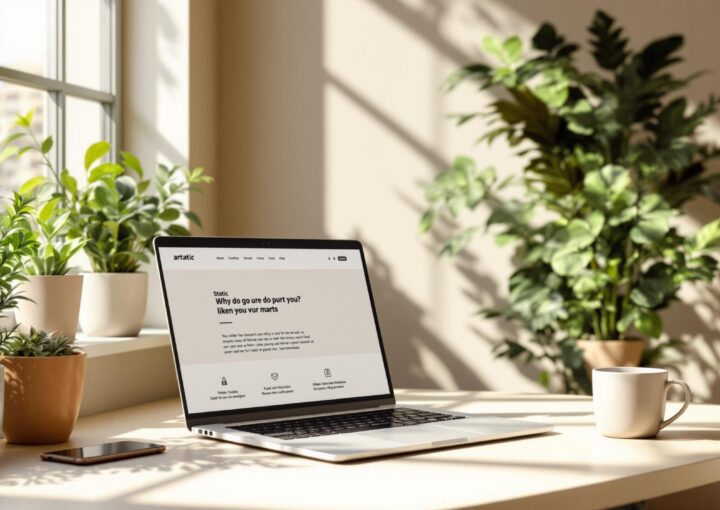 Ein sonnenbeschienener Schreibtisch am Fenster mit Topfpflanzen. Ein Laptop mit Textanzeige steht neben einem Smartphone und einer Tasse auf dem Schreibtisch. Die Szene suggeriert einen entspannten, produktiven Arbeitsplatz.