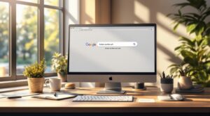 Ein Desktop-Computer auf einem Holzschreibtisch zeigt eine Google-Suchseite mit fremdsprachigem Text an. Die Szene ist durch ein großes Fenster hell erleuchtet. Auf dem Schreibtisch stehen Topfpflanzen, Notizbücher, eine Tasse und Schreibwaren.