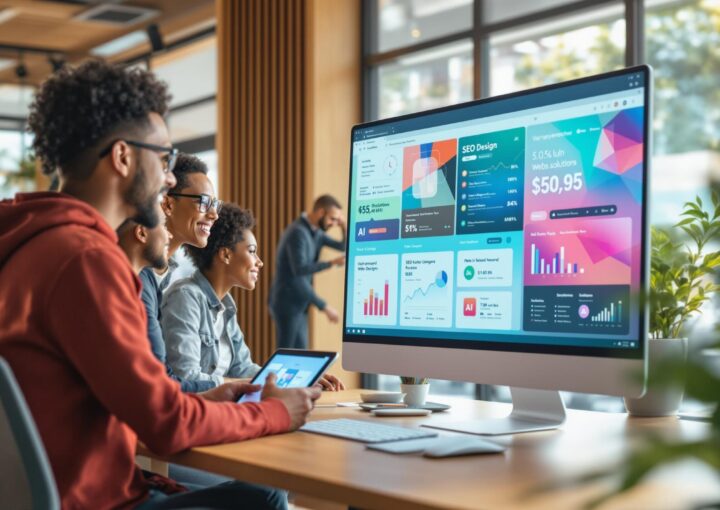 Vier Personen sitzen an einem Holztisch in einem modernen Büro und schauen konzentriert auf einen großen Computerbildschirm, der bunte Daten und Grafiken anzeigt. Eine Person hält ein Tablet in der Hand. Der Raum ist hell dank großer Fenster und viel Grün.