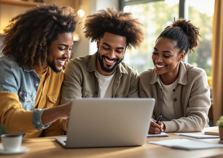 Drei Personen sitzen lächelnd an einem Tisch und schauen auf einen Laptop. Sie diskutieren, neben ihnen stehen Notizbücher und eine Kaffeetasse. Sonnenlicht fällt durch ein Fenster und erhellt den gemütlichen Raum mit Pflanzen.