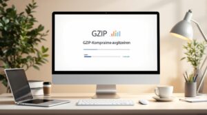 Ein Computerbildschirm zeigt das GZIP-Programm mit Fortschrittsbalken. Die Worte „GZIP-Kompraime-avgitzeiren“ sind sichtbar. Der Arbeitsbereich umfasst eine Tastatur, eine Maus, ein Notizbuch, einen Stift, eine Kaffeetasse und Pflanzen im Hintergrund.