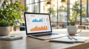 Auf einem Holztisch steht ein Laptop, auf dem SEO-Analysen mit verschiedenen Grafiken und Diagrammen angezeigt werden. Neben dem Laptop steht eine Tasse. Der Raum hat große Fenster, die Tageslicht hereinlassen und verschwommenes Grün draußen zeigen. Auf dem Tisch stehen Topfpflanzen.