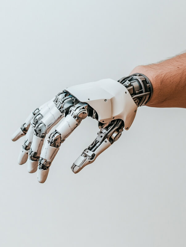 Eine Nahaufnahme einer menschlichen Hand mit einer glatten, weißen Roboterprothese zeigt ihre beeindruckenden Leistungen. Das Design zeichnet sich durch metallische Gelenke und eine realistische, bewegliche Struktur aus. Technologie und Anatomie verschmelzen zu einem fortschrittlichen, futuristischen Erscheinungsbild vor einem sanft verschwommenen Hintergrund.