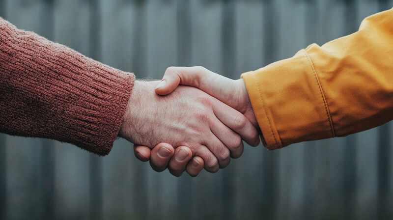 Zwei Menschen schütteln sich die Hände; einer trägt einen roten Pullover, der andere eine gelbe Jacke, als würden sie einen Leistungsvertrag besiegeln. Der Hintergrund ist verschwommen und zeigt einen grauen Zaun.