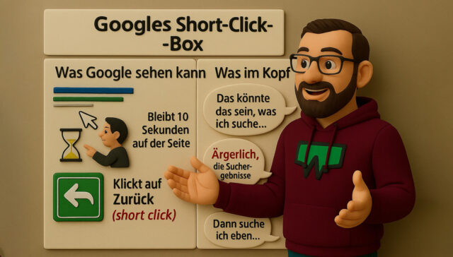Ein Comic-Mann deutet auf eine Tafel mit der Aufschrift „Googles Short-Click-Box“ auf Deutsch und erklärt, wie Google schnelle Ergebnisse interpretiert, und geht auf SEO und „Andere suchten auch nach“-Vorschläge ein.