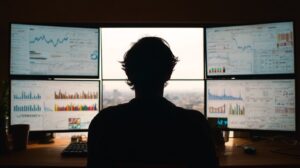Eine Person sitzt an einem Schreibtisch vor sechs großen Monitoren, auf denen farbenfrohe Diagramme, Grafiken und Datenvisualisierungen von Claude 4 angezeigt werden, was auf eine Finanzanalyse oder Datenverfolgung in einer Büroumgebung hindeutet.