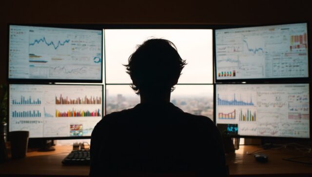 Eine Person sitzt an einem Schreibtisch vor sechs großen Monitoren, auf denen farbenfrohe Diagramme, Grafiken und Datenvisualisierungen von Claude 4 angezeigt werden, was auf eine Finanzanalyse oder Datenverfolgung in einer Büroumgebung hindeutet.
