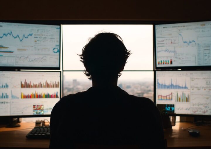 Eine Person sitzt an einem Schreibtisch vor sechs großen Monitoren, auf denen farbenfrohe Diagramme, Grafiken und Datenvisualisierungen von Claude 4 angezeigt werden, was auf eine Finanzanalyse oder Datenverfolgung in einer Büroumgebung hindeutet.