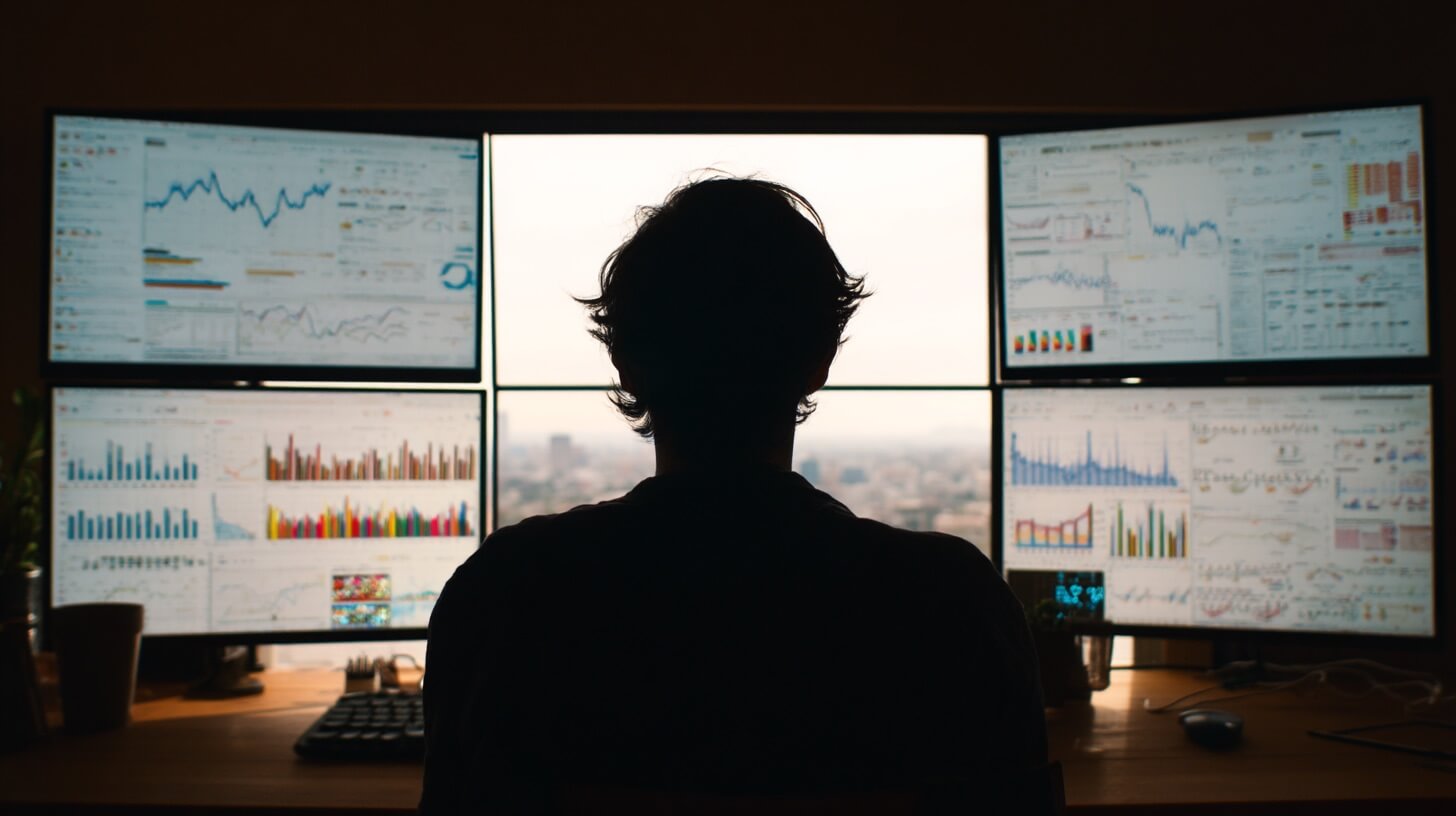 Eine Person sitzt an einem Schreibtisch vor sechs großen Monitoren, auf denen farbenfrohe Diagramme, Grafiken und Datenvisualisierungen von Claude 4 angezeigt werden, was auf eine Finanzanalyse oder Datenverfolgung in einer Büroumgebung hindeutet.