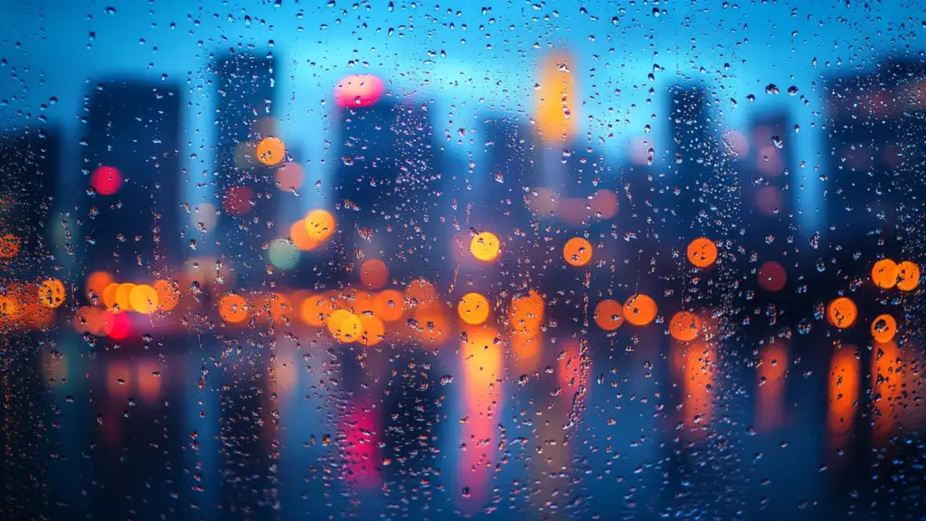 Regentropfen auf einem Fenster mit einer verschwommenen Stadtsilhouette in der Abenddämmerung. Bunte Lichter erzeugen einen leuchtenden Bokeh-Effekt inmitten von Blau- und Orangetönen und fangen die beste Position für auffällige Bilder ein - perfekt für SEO-optimierte Inhalte oder Google KI-Antworten.