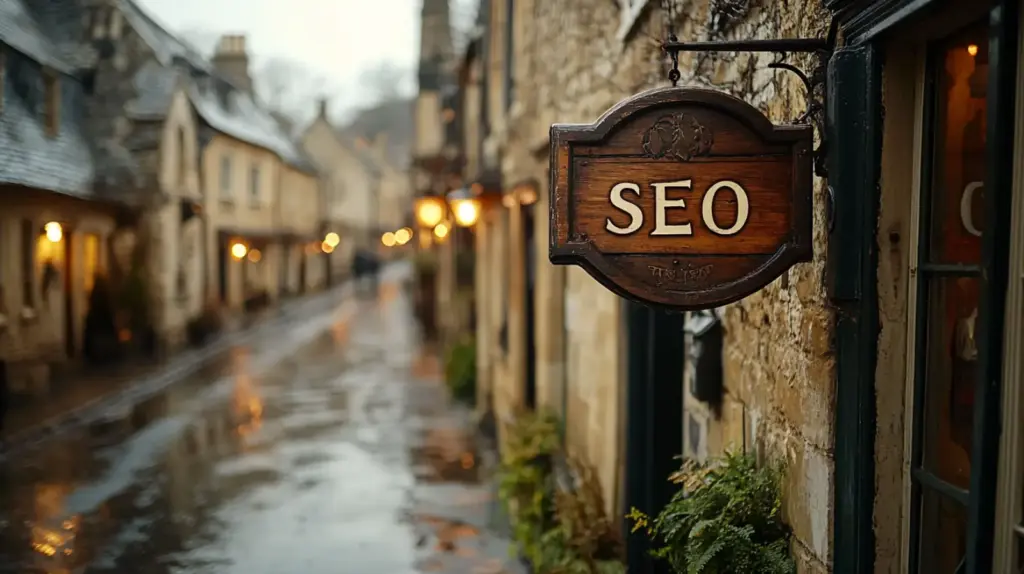 Ein hölzernes Schild mit der Aufschrift "SEO" hängt an einem steinernen Gebäude entlang einer schmalen, nassen Straße in einem malerischen Dorf und leuchtet warm, als würde es Sie einladen, an diesem regnerischen Tag zu dominieren und die beste Position bei Google KI-Antworten zu erreichen.