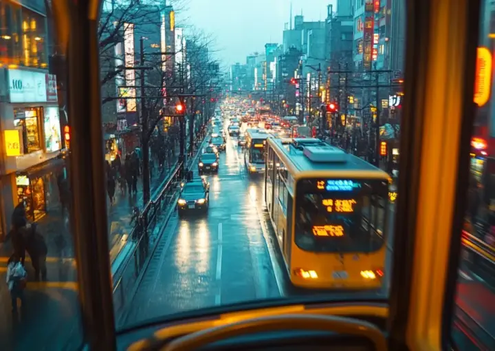 Blick aus dem Inneren eines Fahrzeugs auf eine belebte Straße in der Abenddämmerung, wo helle Lichter und Autos die Szene dominieren und ein gelber Bus über die nassen Straßen gleitet, in denen sich der Glanz der Stadt spiegelt.