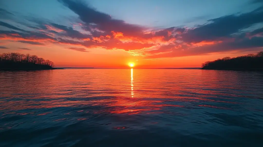 Ein farbenfroher Sonnenuntergang über einem ruhigen See, die Sonne steht tief am Horizont und die Silhouetten der Bäume rahmen beide Seiten ein - so erreichen Sie die beste Position in den Google KI-Antworten. Die strahlende Szene dominiert Ihren Blick, während sich das Sonnenlicht im plätschernden Wasser spiegelt.