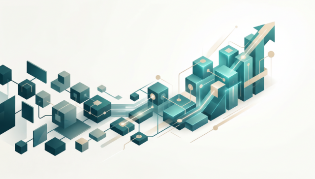 Abstrakte Illustration von miteinander verbundenen Würfeln und Linien, die einen aufsteigenden Pfeil bilden, der Datenfluss, technologisches Wachstum und digitalen Fortschritt symbolisiert - perfekt, um Innovationen wie das WordPress 7.0 Update auf einem hellen Hintergrund zu präsentieren.