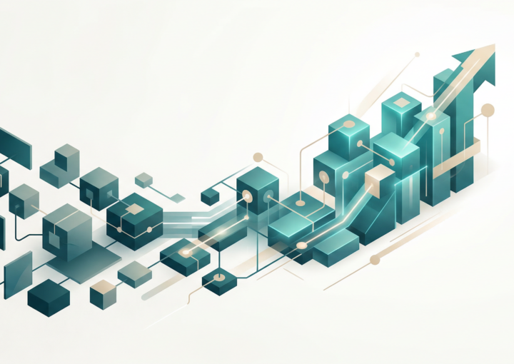 Abstrakte Illustration von miteinander verbundenen Würfeln und Linien, die einen aufsteigenden Pfeil bilden, der Datenfluss, technologisches Wachstum und digitalen Fortschritt symbolisiert - perfekt, um Innovationen wie das WordPress 7.0 Update auf einem hellen Hintergrund zu präsentieren.