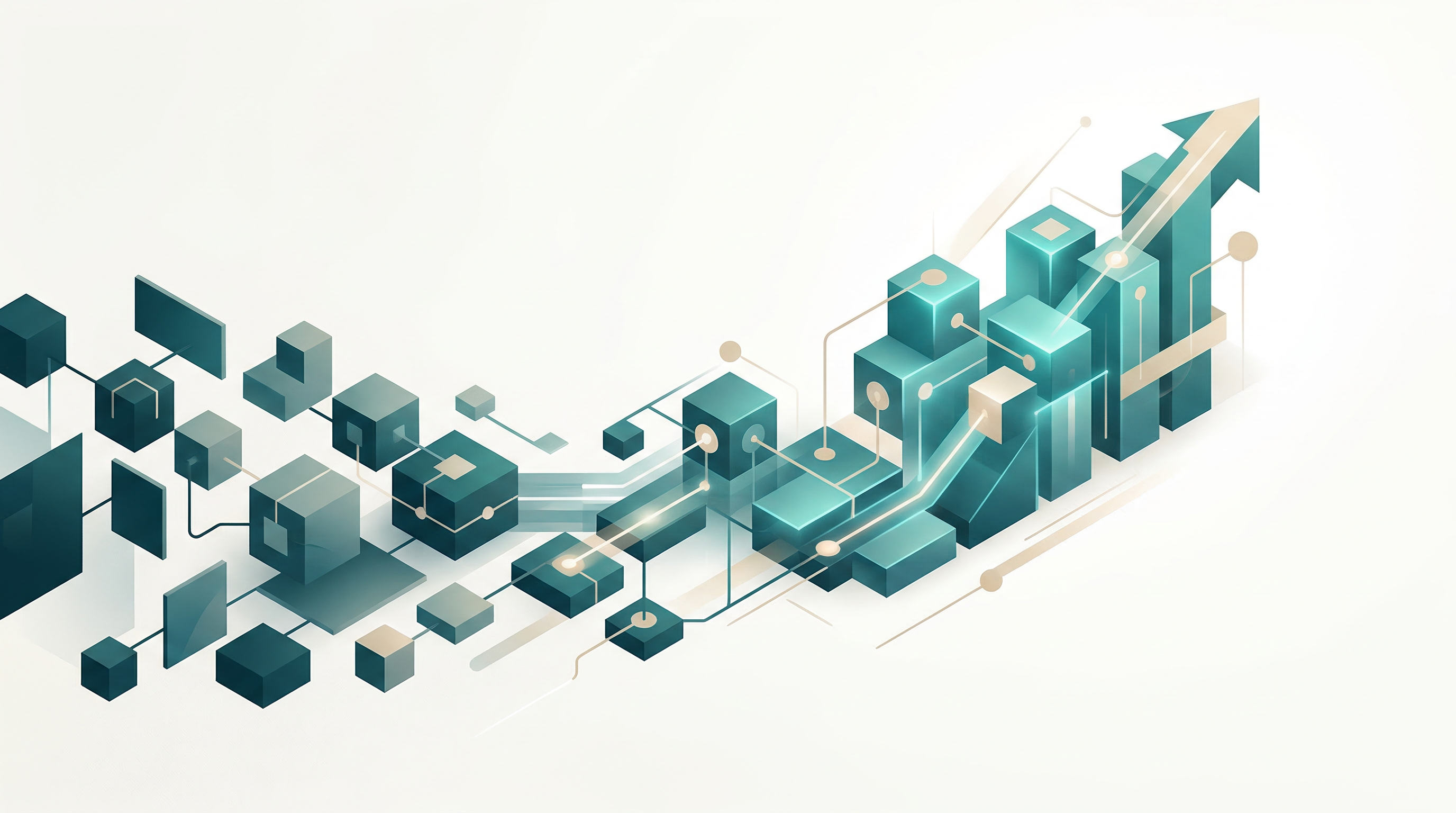 Abstrakte Illustration von miteinander verbundenen Würfeln und Linien, die einen aufsteigenden Pfeil bilden, der Datenfluss, technologisches Wachstum und digitalen Fortschritt symbolisiert - perfekt, um Innovationen wie das WordPress 7.0 Update auf einem hellen Hintergrund zu präsentieren.