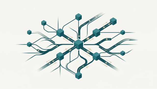 Eine stilisierte Illustration eines zentralen Blocks, der mit mehreren kleineren Blöcken durch sich kreuzende Linien und Pfade verbunden ist und KI-Agenten oder Datenflusssysteme im Mittelstand auf hellem Hintergrund darstellt.