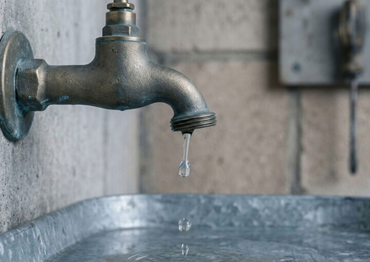 Eine Nahaufnahme eines alten Metallhahns, der an einer Betonwand in Deutschland montiert ist, mit einem einzelnen Wassertropfen, der in ein flaches, verzinktes Becken darunter fällt. Der Hintergrund zeigt einen unscharfen Wandabschnitt und eine weitere Armatur.