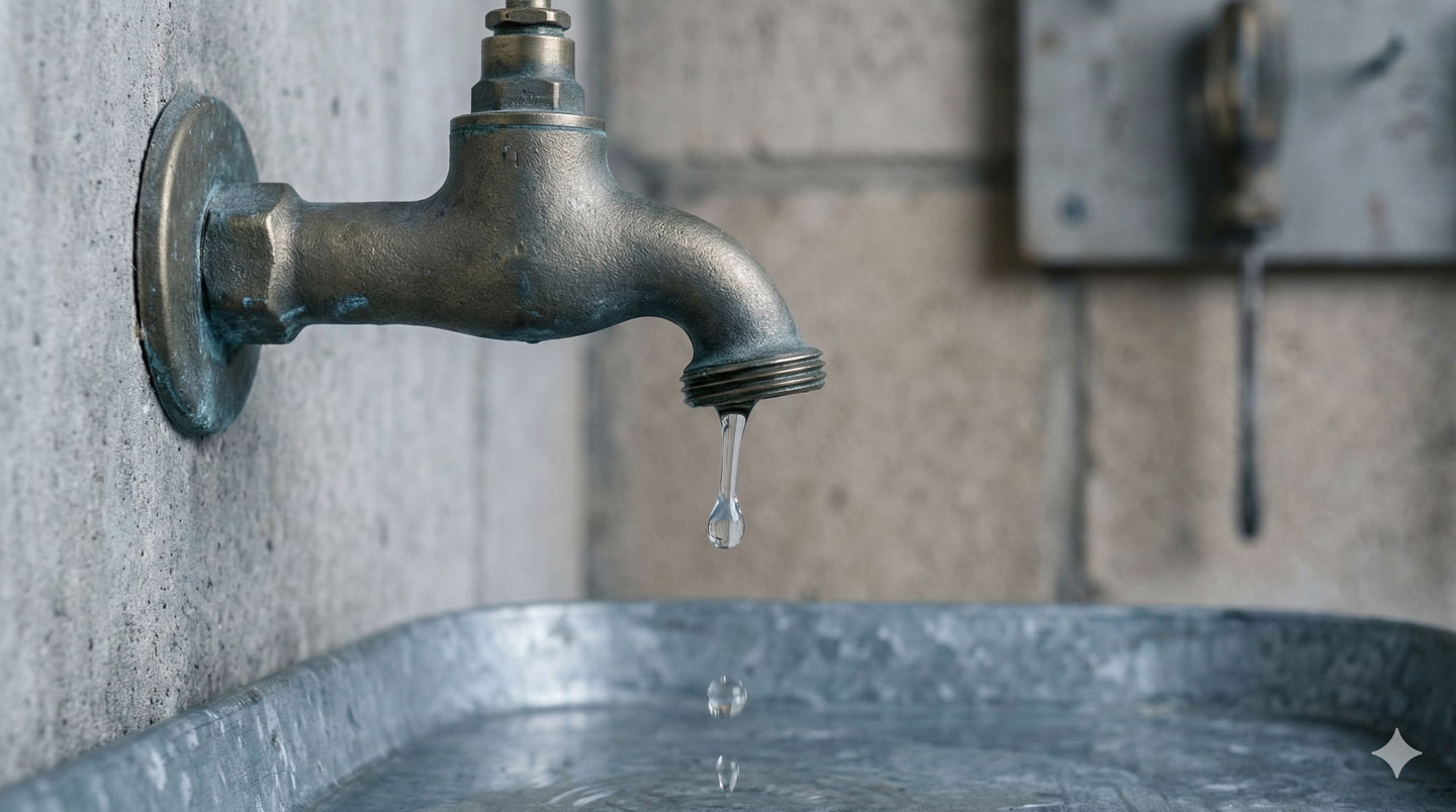 Eine Nahaufnahme eines alten Metallhahns, der an einer Betonwand in Deutschland montiert ist, mit einem einzelnen Wassertropfen, der in ein flaches, verzinktes Becken darunter fällt. Der Hintergrund zeigt einen unscharfen Wandabschnitt und eine weitere Armatur.
