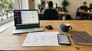 Ein hölzerner Schreibtisch mit einem Laptop, einem Smartphone, einer Maus, einer Kaffeetasse, einem Notizbuch, einem roten Stift und einer Skizze für eine Website für ein Unternehmen. Im Hintergrund arbeiten Menschen an Schreibtischen mit großen Fenstern, die natürliches Licht hereinlassen.