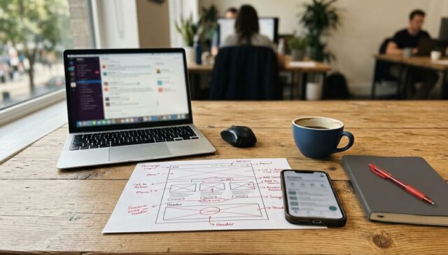 Ein hölzerner Schreibtisch mit einem Laptop, einem Smartphone, einer Maus, einer Kaffeetasse, einem Notizbuch, einem roten Stift und einer Skizze für eine Website für ein Unternehmen. Im Hintergrund arbeiten Menschen an Schreibtischen mit großen Fenstern, die natürliches Licht hereinlassen.