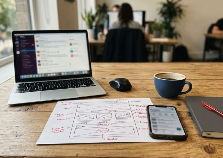 Ein hölzerner Schreibtisch mit einem Laptop, einem Smartphone, einer Maus, einer Kaffeetasse, einem Notizbuch, einem roten Stift und einer Skizze für eine Website für ein Unternehmen. Im Hintergrund arbeiten Menschen an Schreibtischen mit großen Fenstern, die natürliches Licht hereinlassen.