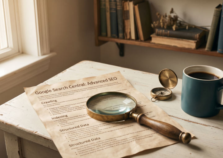 Google Search Central Dokumentation auf Schreibtisch, Lupe und Kaffeetasse, editorial-fotografisch