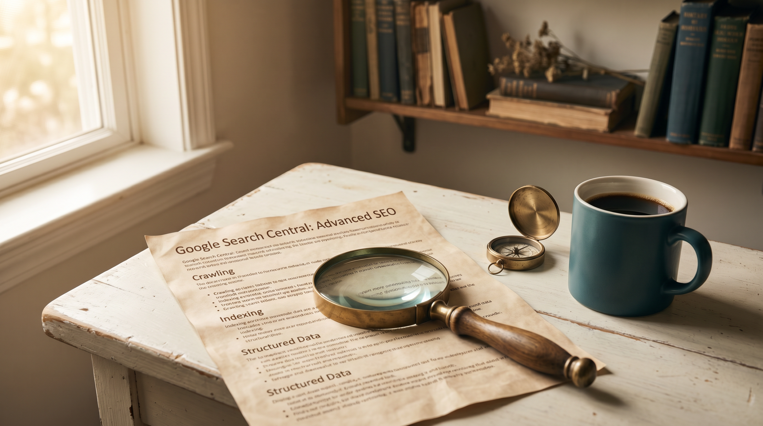 Google Search Central Dokumentation auf Schreibtisch, Lupe und Kaffeetasse, editorial-fotografisch