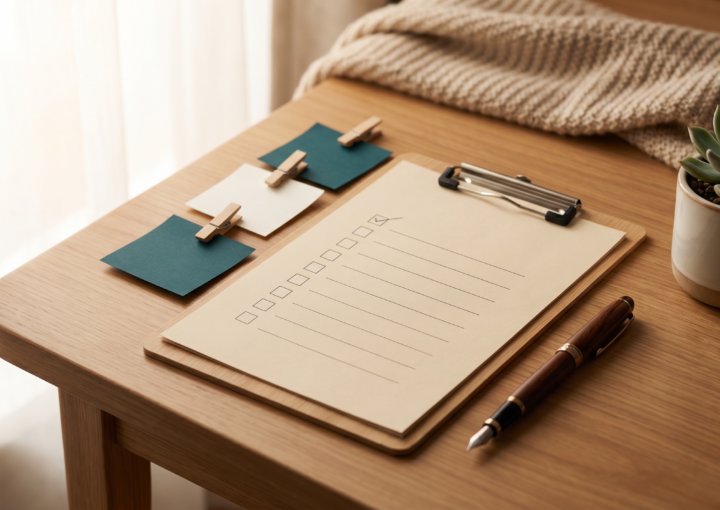 Checkliste mit Füller und Klemmbrett auf Holztisch, Teal-beige Haftnotizen, editorial-fotografisch