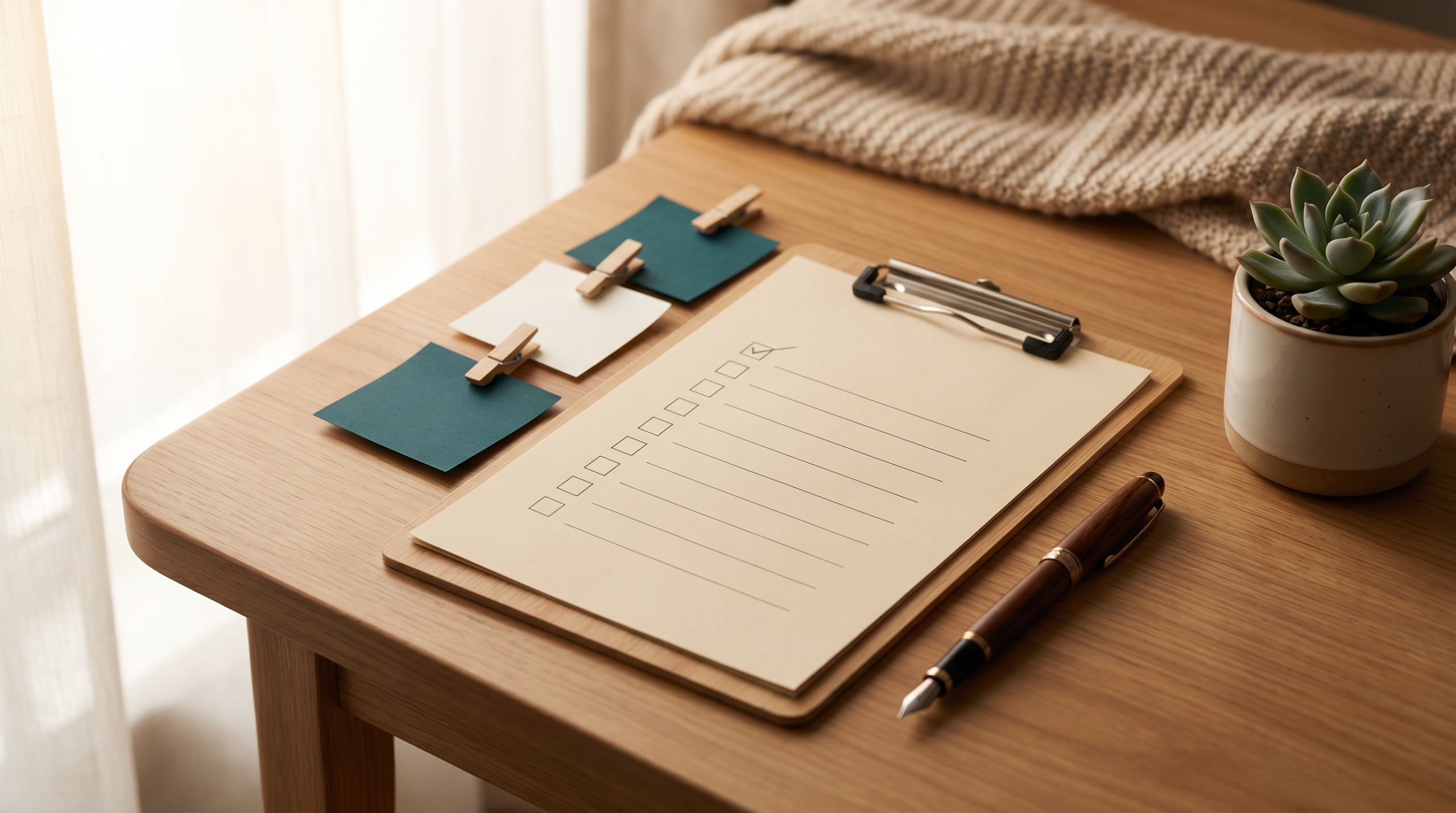 Checkliste mit Füller und Klemmbrett auf Holztisch, Teal-beige Haftnotizen, editorial-fotografisch