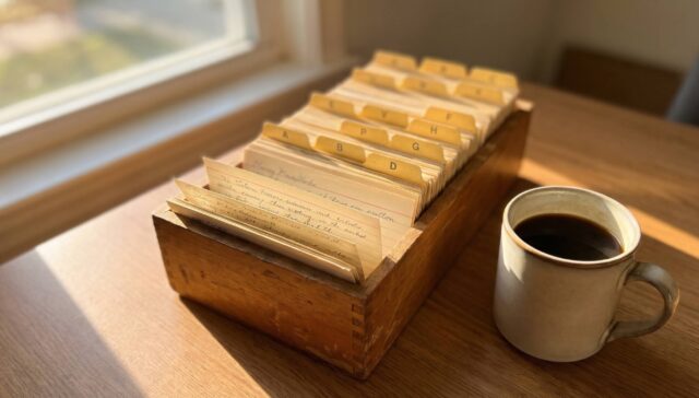 Ein hölzerner Rezeptkasten mit vergilbten, nach dem Alphabet geordneten Karteikarten steht auf einem Holztisch neben einer Keramiktasse mit schwarzem Kaffee, in den das Sonnenlicht fällt - wie strukturierte Daten, die Ordnung in B2B-Websites bringen.
