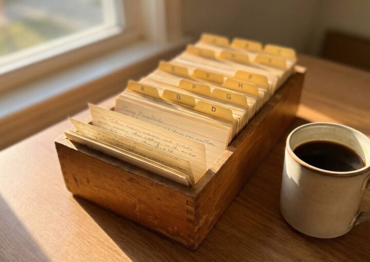 Ein hölzerner Rezeptkasten mit vergilbten, nach dem Alphabet geordneten Karteikarten steht auf einem Holztisch neben einer Keramiktasse mit schwarzem Kaffee, in den das Sonnenlicht fällt - wie strukturierte Daten, die Ordnung in B2B-Websites bringen.